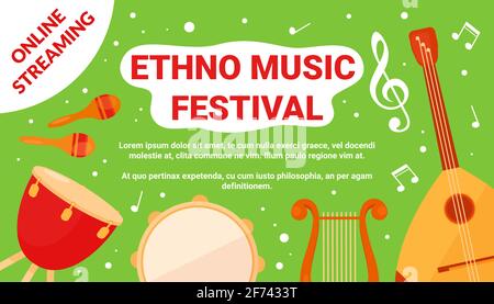 Ethno music art festival event flyer, traditional ethnic percussion instrument, folk drum Stock Vector