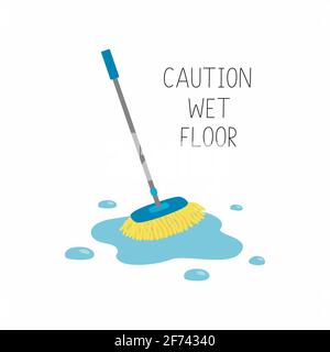Wet mop in puddle. Caution wet floor. Vector illustration. Stock Vector