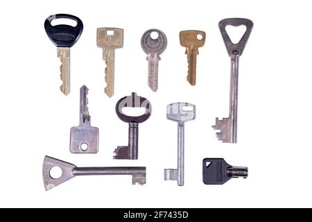 Keys for various locks on the front door. Accessories securing the house against theft and burglary. Isolated background. Stock Photo