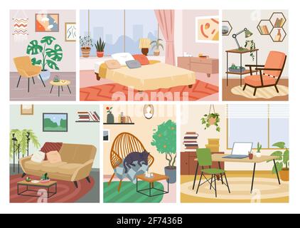 Scandinavian hygge house interior set, comfortable home apartment, bedroom, living room Stock Vector
