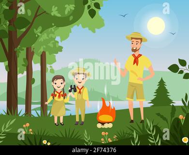 People forest camping hiking, young man, cute boy and girl scouts standing with camp fire Stock Vector