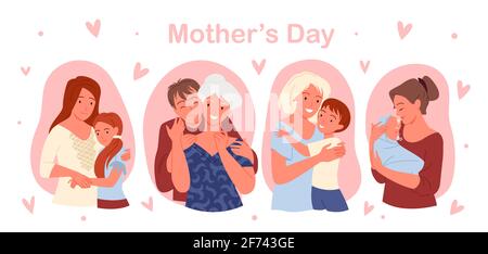 Happy mothers day concept with cute family people love, care and hug vector illustration set. Cartoon child son and daughter hugging mother Stock Vector