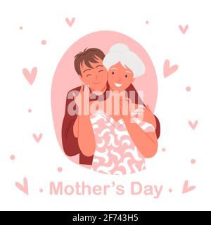 Mothers day concept, young happy boy son hugging old mother or grandmother with love Stock Vector