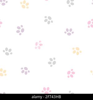 Simple cat paw prints seamless pattern vector illustration, domestic pet cute traces, pastel colored shape Stock Vector