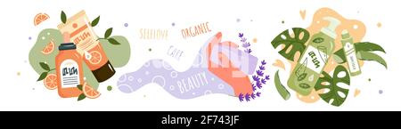 Organic cosmetics for skin care set, human hand holding natural lavender soap bar Stock Vector