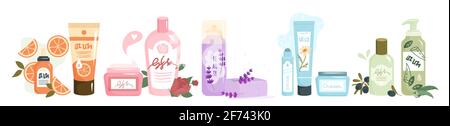Cartoon human hand holding lavender soap bar, natural cosmetic products from herbs plants, flowers and leaves. Spa skincare isolated on white. Stock Vector