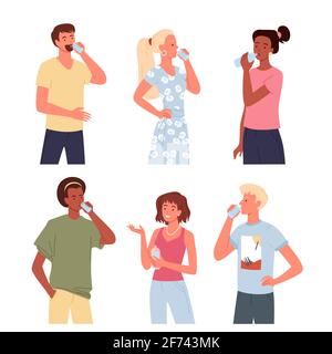 People drink water set, young man woman standing and drinking refreshing beverage Stock Vector
