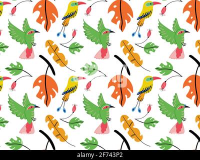 Vector pattern exotic birds and tropical leaves Stock Vector
