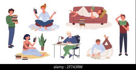 Cartoon young woman holding book and studying, man character sitting at table doing homework, happy girl lying on cozy sofa and reading book. People Stock Vector