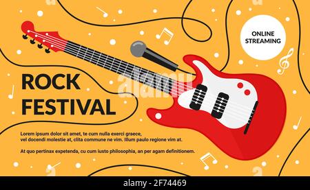 Cartoon rock musical festival instrument on background, artistic live concert, listening to music creative poster design. Rock music art festival. Stock Vector