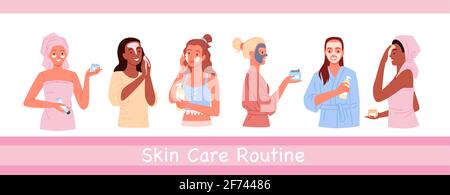 Beauty skincare for woman, young happy beautiful female characters clean care face skin Stock Vector