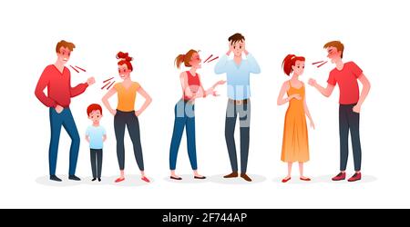 Family or couple people quarrel set, angry man and woman have argument, quarreling Stock Vector