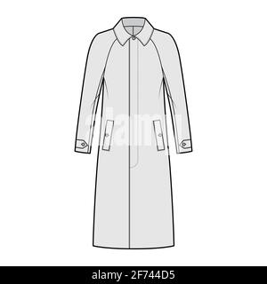 Mackintosh coat technical fashion illustration with raglan long sleeves, regular collar, oversized body, midi length. Flat rubber jacket template front, grey color. Women, men, unisex top CAD mockup Stock Vector