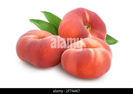 Ripe chinese flat peach fruit with leaf isolated on white background with clipping path and full depth of field Stock Photo