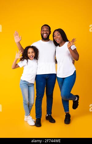 African American family waving hands at camera at studio Stock Photo