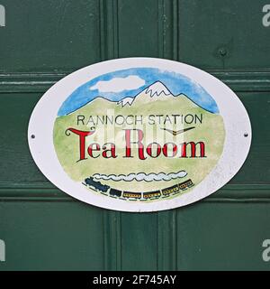 Rannoch Station, Scotland, UK - April 4 2021: Close up of sign for Rannoch Station Tea Room, a famous cafe at Rannoch Railway Station, Scottish Highla Stock Photo