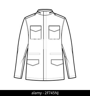 M-65 field jacket technical fashion illustration with oversized, stand collar, hide hood, long sleeves, flap pockets, epaulettes. Flat coat template front, white color style. Women men top CAD mockup Stock Vector