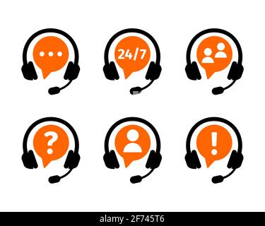 Customers support online service icons set. Call center symbols with headphones isolated on white background. Client communication technology concept. Vector flat illustration. Stock Vector