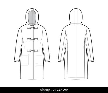 Clasp coat technical fashion illustration with long sleeves, hood, oversized body, patch pockets, knee length. Flat jacket template front, back, white color style. Women, men, unisex top CAD mockup Stock Vector