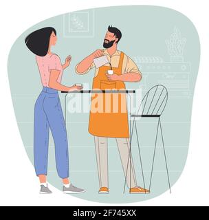 Coffee shop. Modern flat vector concept illustration of a young man barista pouring whipped milk into the coffee mug. Stock Vector