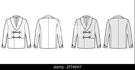 Smoking jacket technical fashion illustration with double breasted, long sleeves, shawl collar, besom pockets. Flat pajama top coat template front, back, white, grey color style. Women, men CAD mockup Stock Vector