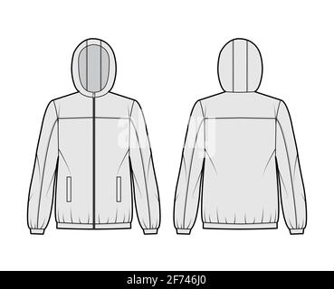 Windbreaker jacket technical fashion illustration with hood, oversized, long sleeves, welt pockets, zip-up opening. Flat coat template front, back, grey color style. Women, men, unisex top CAD mockup Stock Vector