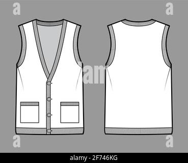 Cardigan vest sweater waistcoat technical fashion illustration with sleeveless, rib knit V-neckline, button closure, pockets. Flat template front, back, white color style. Women, men top CAD mockup Stock Vector