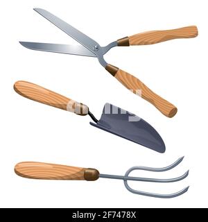 Garden tools vector design element set. Trowel, rake and gardening scissors. Stock Vector