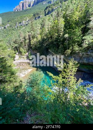 waterfalls and the riverbed of the Arazas river in the Ordesa y Monte Perdido national park, in the Aragonese Pyrenees, located in Huesca, Spain. view Stock Photo