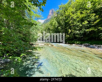 waterfalls and the riverbed of the Arazas river in the Ordesa y Monte Perdido national park, in the Aragonese Pyrenees, located in Huesca, Spain. view Stock Photo