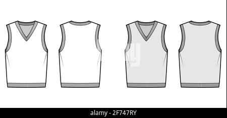 Pullover vest sweater waistcoat technical fashion illustration with sleeveless, rib knit V-neckline, oversized body. Flat template front, back, white, grey color style. Women, men, unisex CAD mockup Stock Vector