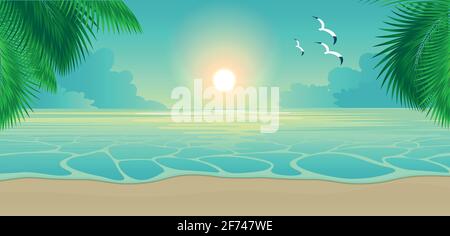 Sunset at the tropical island. Summer vector background with palm leaves and and evening tide flow at the beach seaside coastline and clouds in the cl Stock Vector