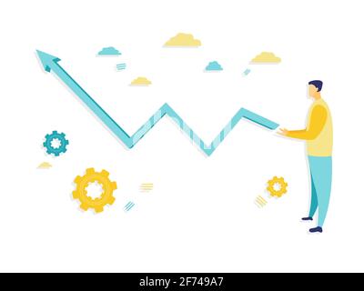 Flat illustration of huge red line graph with an upturned arrow growing from a businessman hands generating success. Business and finance concepts. Stock Vector