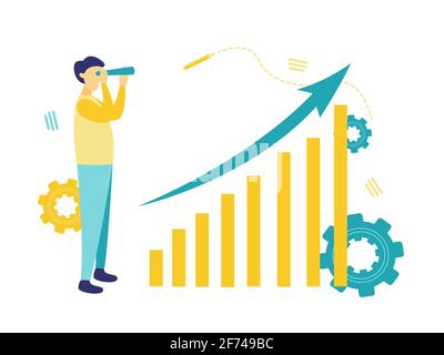 Flat illustration, a man looking ahead using binoculars to see opportunities for business advancement. In blue and yellow. Stock Vector