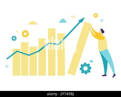 Flat illustration of a businessman straightening a falling chart and blue arrow. Simple illustration in blue and yellow. Business and finance concepts Stock Vector