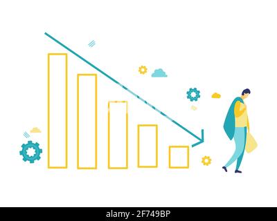 Flat illustration of businessman bring bag failure with yellow chart and blue arrow pointing downwards.  Business and finance concepts. Stock Vector