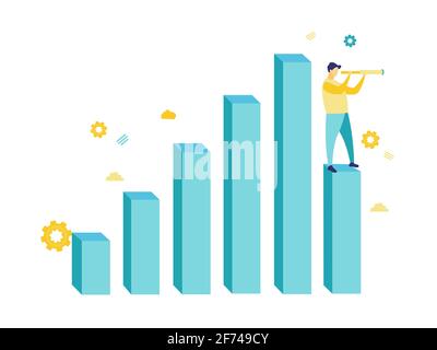 Flat illustration of a businessman standing on a blue chart with binoculars. Simple illustration in blue and yellow. Business and finance concepts. Stock Vector