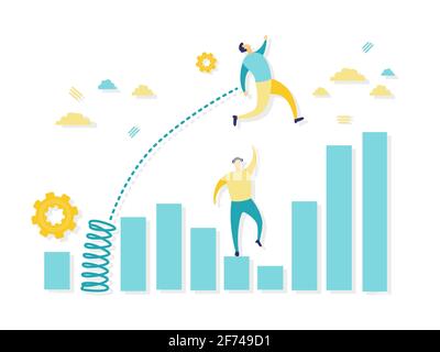 Flat illustration of a businessman outperforming his competition jumping over with a bar chart. Business and finance concept. Stock Vector