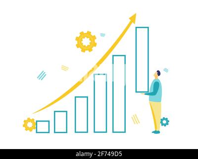 Flat illustration of businessman holding big blue graphic in blue and yellow on white background. Business concept. Stock Vector