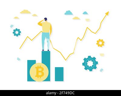 Flat illustration rear view of a businessman scratching his head looking at a growing graph on a concrete wall standing on a stack of bitcoins. Stock Vector