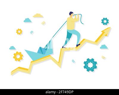 Flat illustration of a businessman pulling boat over line chart. Beautiful flat illustrasion in blue and yellow. Business and finance concepts. Stock Vector