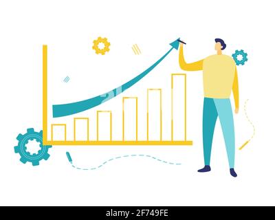 Flat illustration businessman drawing blue chart in blue and yellow color on white background. Symbol of business to move forward. Stock Vector