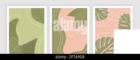 Tropical, trendy, greeting or invitation card, template design with green palm leaves. Banana leaves in realistic style with high details. Set of post Stock Vector