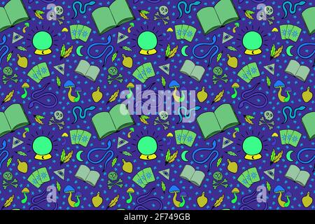 Fluorescent witch equipment seamless pattern Stock Vector
