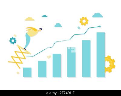 Flat illustration of businessman jumping on springboard as progress concept with a bar chart. Business and finance concepts. Stock Vector