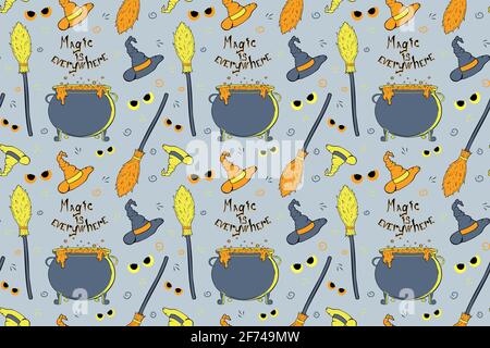 Witch's equipment seamless pattern. Stock Vector