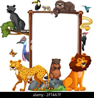 Empty banner with wild animals on white background illustration Stock Vector