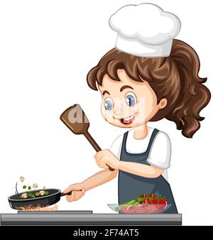 Cute girl character wearing chef hat cooking food illustration Stock Vector