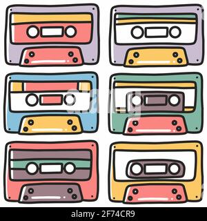 hand drawn radio cassette doodle set Stock Vector