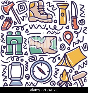 doodle set of camp tools hand drawing Stock Vector